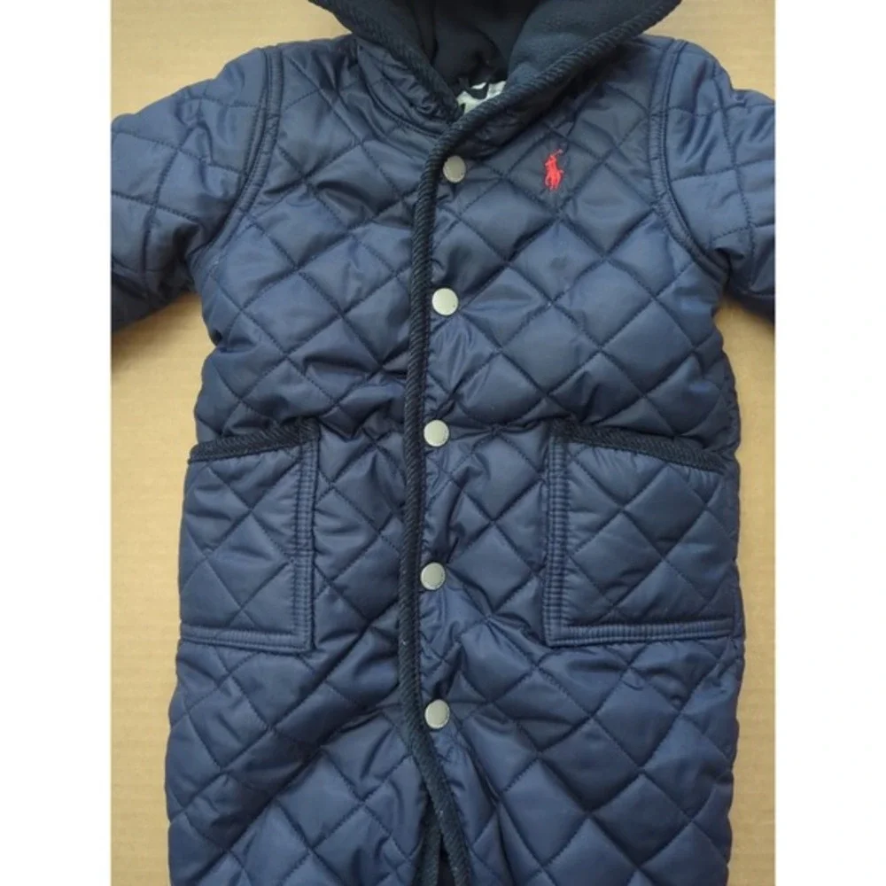 Ralph Lauren Baby Quilted Hooded Snowsuit Snap Front Navy‎ Blue Red Pony Size 6M